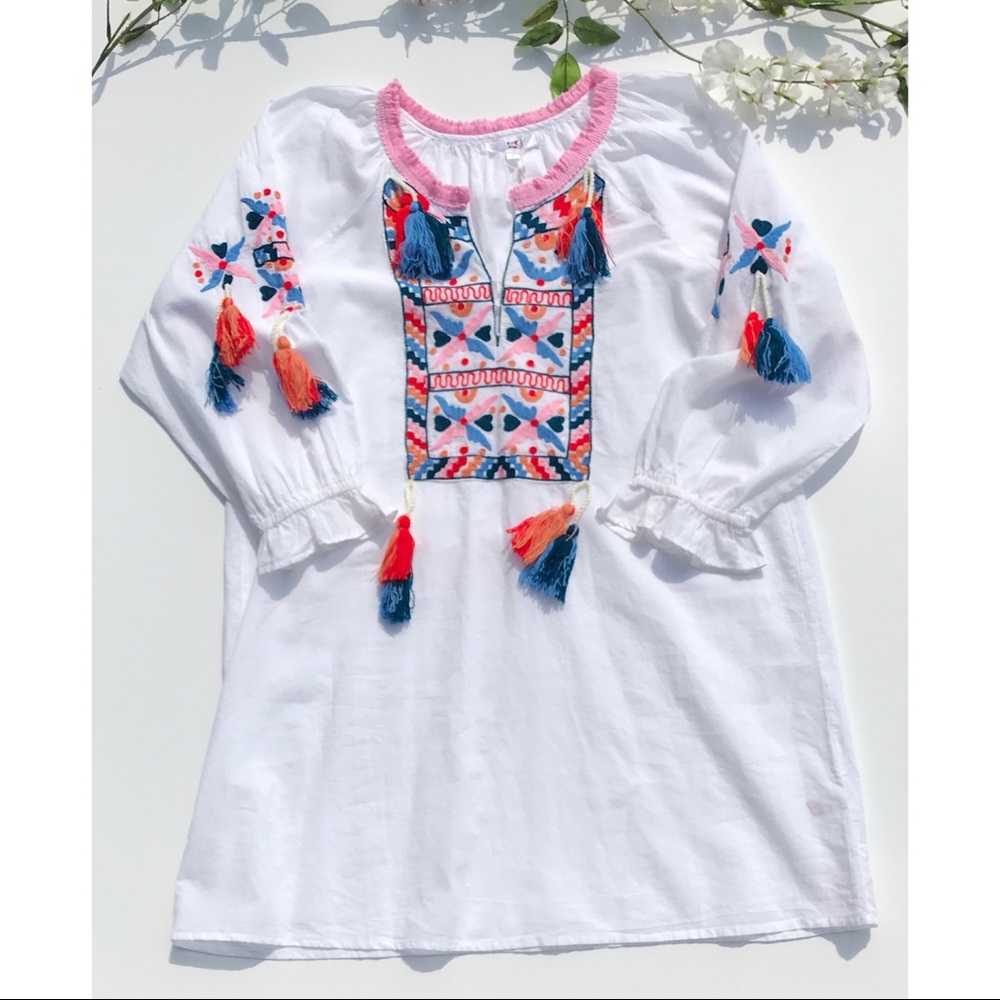 Embroidered Mini Dress with Tassels
